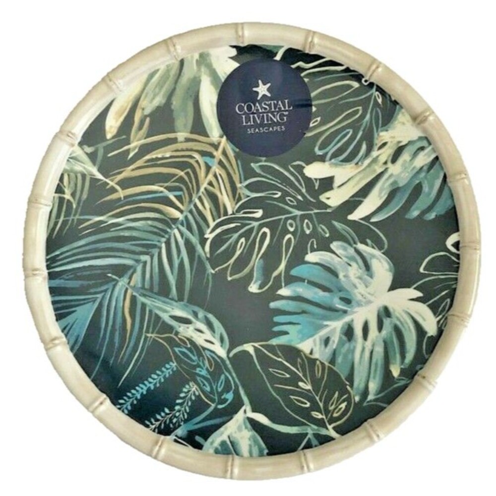 Blue Palm Leaf Melamine 11" Dinner Plates Set of 4 Beach Summer House Tropical